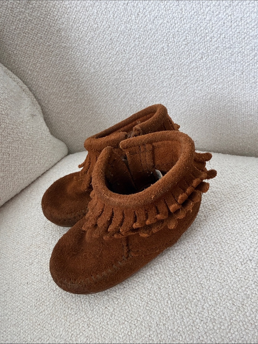 Minnetonka Chestnut Suede Fringe Moccasins for Kids
